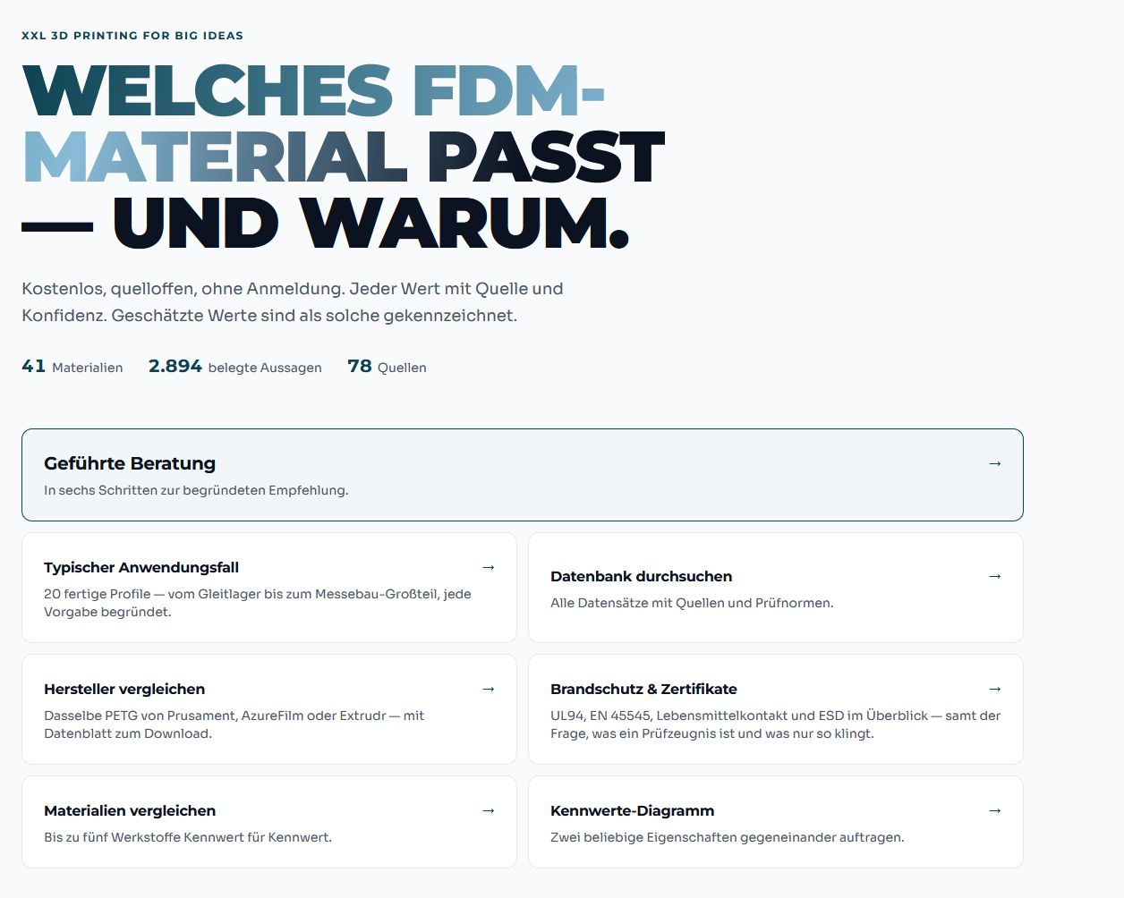 Übersicht vom FDM Materialberater - Entwicklung der Reents Technologies GmbH zu,m Finden des perfekten Materials